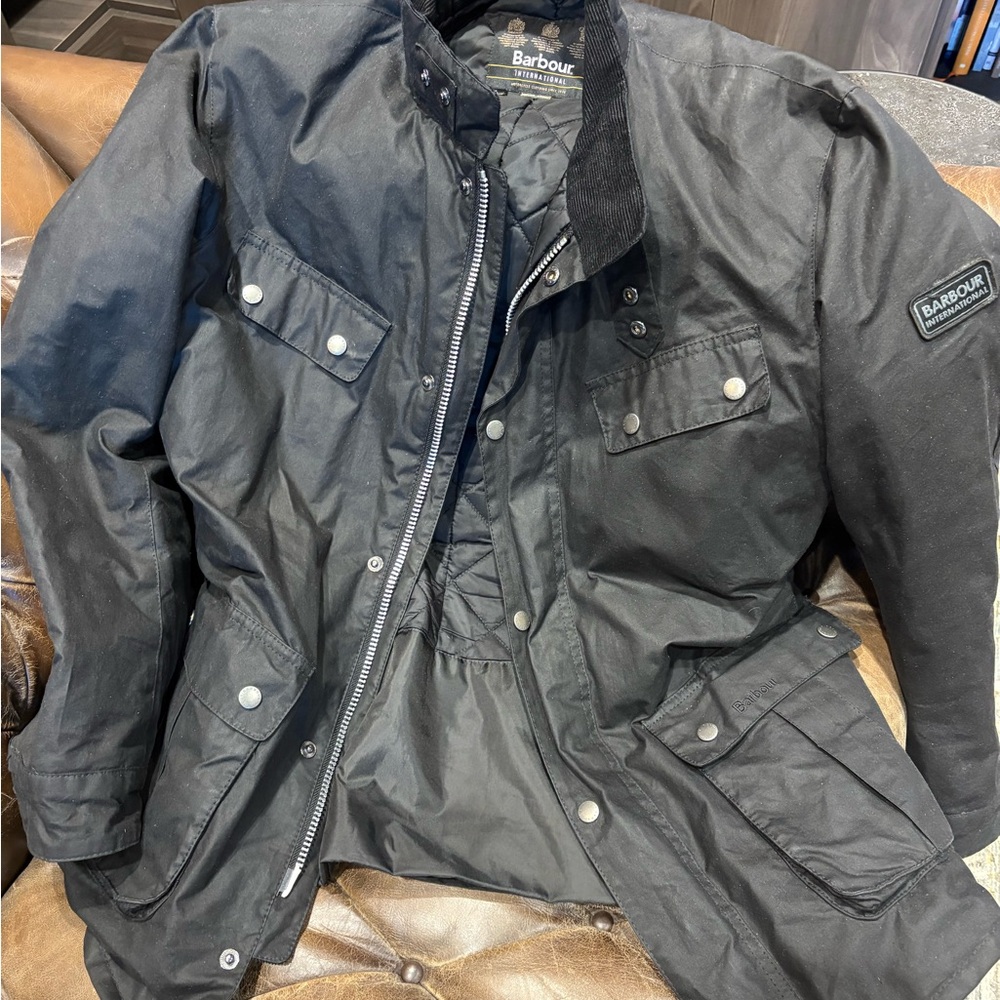 Used Barbour International Men's Dark Jacket with Multiple Pockets
